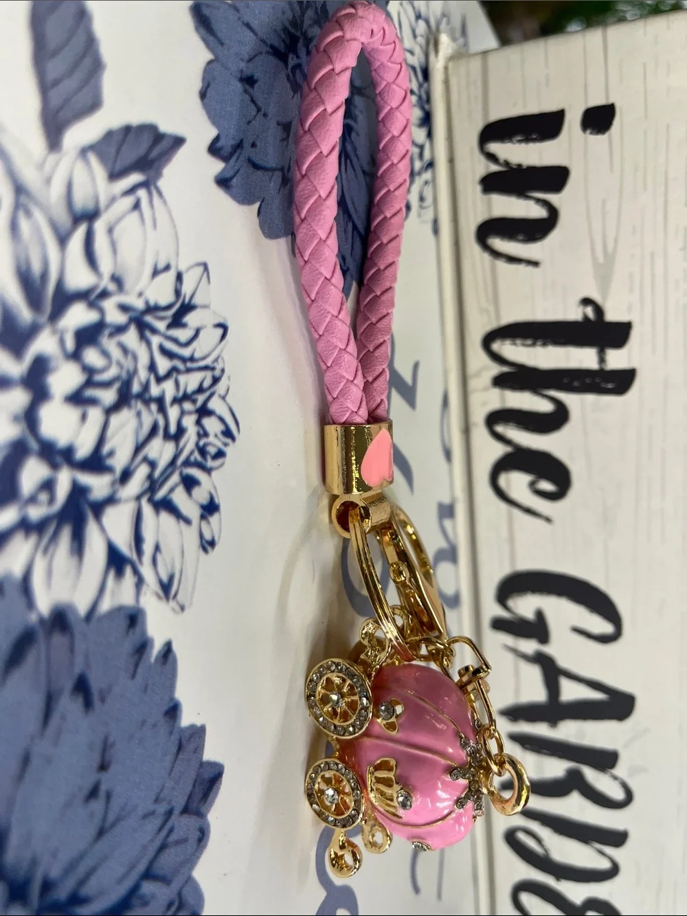 Pink Braided Strap Keychain with Gold Carriage Charm